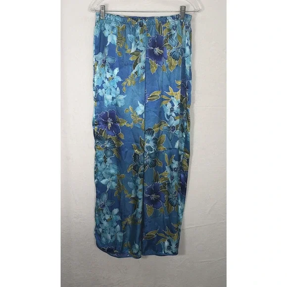 Vintage California Dynasty Blue Floral Satin Pajama Lounge Set Top Pants Medium - Picture 7 of 16